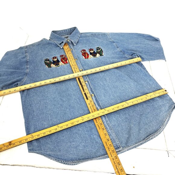 90's Denim Holiday Shirt – Embroidered Cats w/ Sweaters Button-Up Sz 24 VTG - Picture 11 of 15